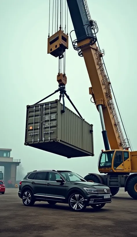 Make a large crane hold a large container above the car as if it would be thrown at the car right now, car brand Volkswagen touareg 2016