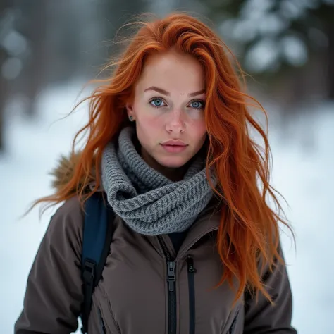 ((Portrait photo)), An ultra hot,  gorgeous Elena Fernades,   fiery red hair ,  bright blue eyes,   she is a playmate , men magazine model.  hiking on snowy mountain trails , ((Windjacke,  that falls over the arm and reveals the shoulders)) a scarf covers ...