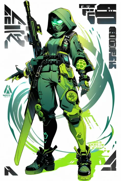  Cyberpunk Ninja Action Novel。 one middle-aged female ninja。((white background illustration ))。(( full body illustration))。(( standing))。Full Face Cyberpunk Mask 。Light spy style ninja costume。myrtle green color。A bracelet-shaped device on the wrist。Long n...