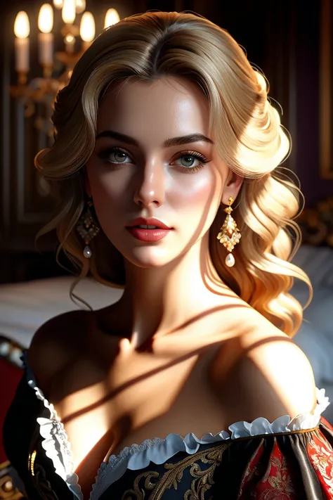 Baroque Bedroom, Blonde Hair, Hazel Eyes, Baroque Beauty, Natural Beauty, belladonna, shadowed cell, cell saded, dynamic lighting, DDIM, WLOP, Unreal Engine, global illumination, intricate detailed environment, intricate painting, HD, Razumov Konstantin, V...