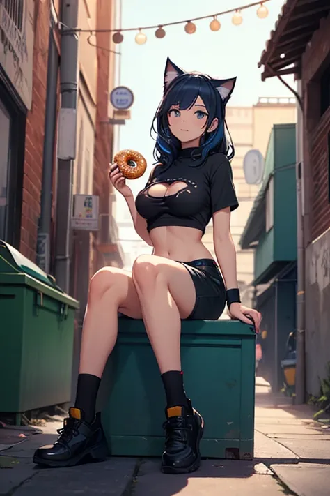 (High quality) Adult cat woman in old thorn black shirt partly old thorn short pants and she has a beanie long black hair with blue highlights, she has a lean tonned body with medium sized round breasts, she is sitting in a dark alleyway next to a donut du...