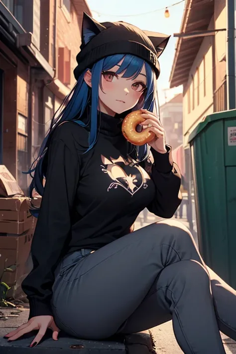 (High quality) Adult cat woman in old thorn black shirt partly old thorn short pants and she has a beanie long black hair with blue highlights, she has a lean tonned body with medium sized round breasts, she is sitting in a dark alleyway next to a donut du...