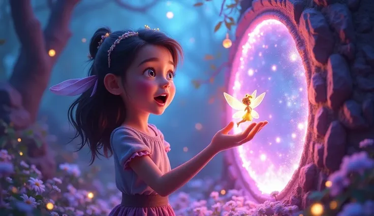 "A visually stunning and magical YouTube thumbnail appering text "Magical Portal" featuring a young girl with bright, curious eyes and flowing hair, standing in front of a glowing, mystical portal. She looks amazed as she reaches out toward the portal, whi...