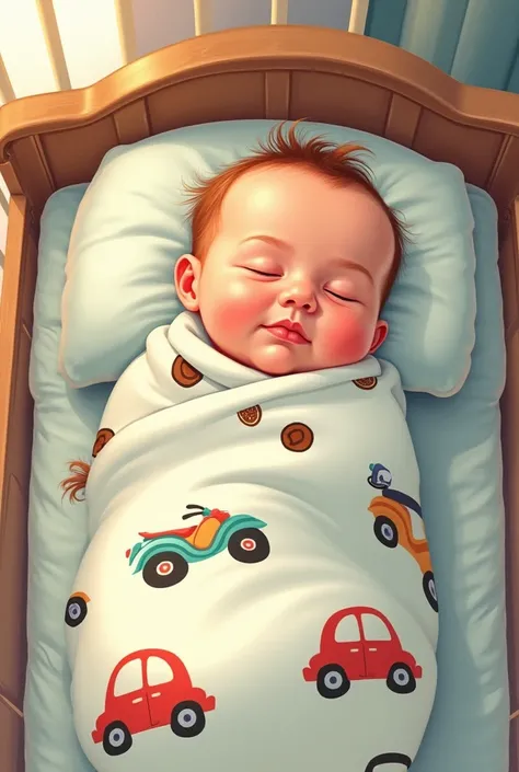 A newborn in a crib, covered with a blanket with drawings of chocolate cookies and motorcycles