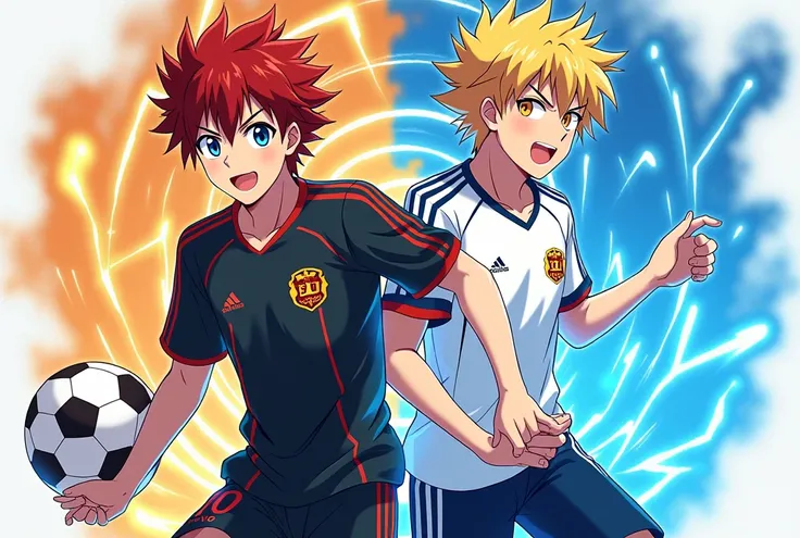  generated me 2 player  handsome lads charismatic powerful hair bristled yellow and blue eyes scarlet stylish artificial artificial white and black jersey with awesome emblem of the team Eternal Gakuen in background.Inazuma style anime soccer with the elec...