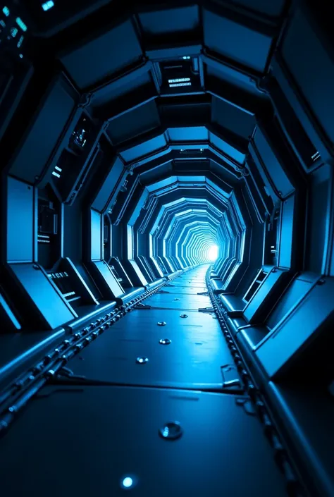 Hexagonal tunnel would feature futuristic palette of metallic black, surrounded by a futuristic elements, neon blue and white lighting, smooth curves, smooth surfaces, sleek, accented with glowing elements