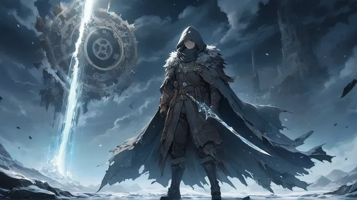 An anime-style illustration capturing a mysterious and intense atmosphere. The setting is a crumbling, gear-filled landscape within a massive, broken clock, symbolizing the passage of time. A lone hunter stands in the center, wielding a glowing blade, with...