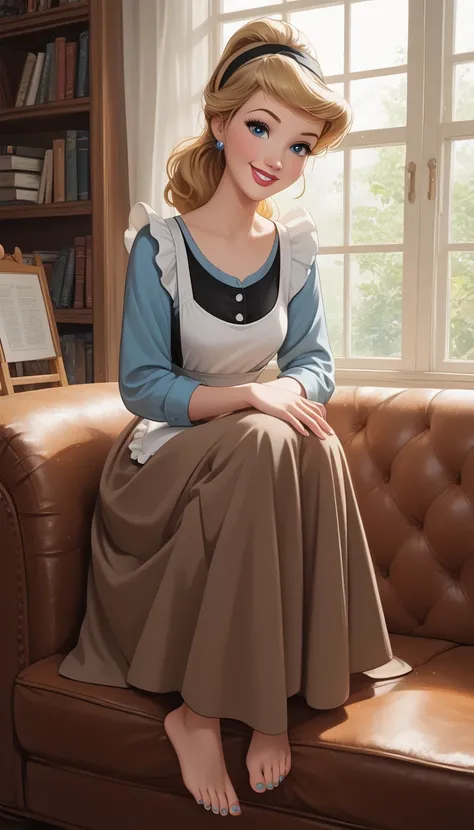 score_9, score_8_up, score_7_up, score_6_up, cinematic film still, 1girl, full frontal view, BREAK (Disney's cinderella, blonde, loose hair, blue eyes, fair skin), black hairband, ponytail, gray blouse half sleeves, brown skirt, apron, no shoes, Disney 3D ...