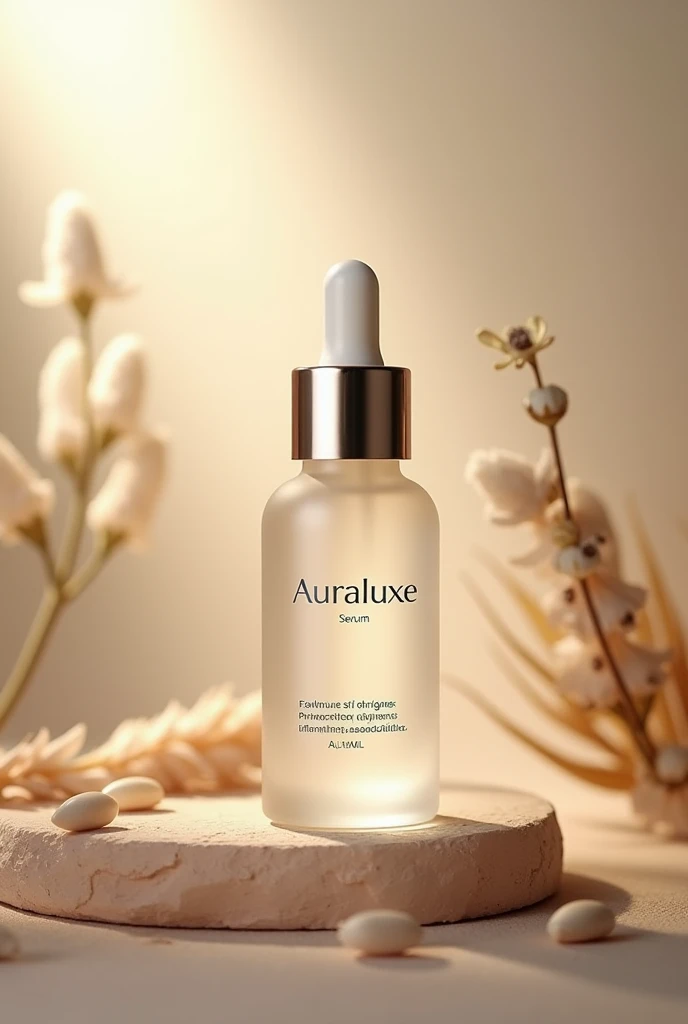 Designed by an elegant skincare serum brand called AuraLuxe. It has an elegant, natural background, a clear glass dropper bottle with information.