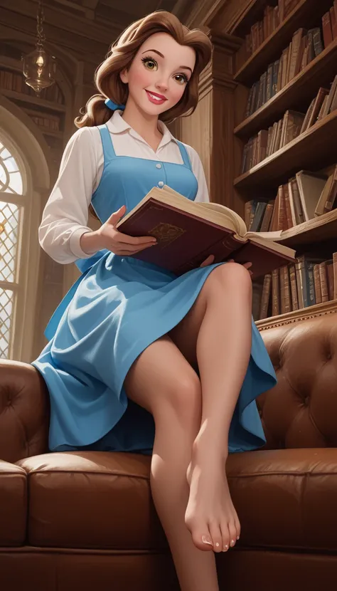 score_9, score_8_up, score_7_up, score_6_up, cinematic film still, 1girl, full frontal view low angle portrait, BREAK (Disney's Belle, brown hair, hazel eyes, fair skin, loose hair), white blouse long sleeves, blue vest, apron, no shoes, Disney 3D render, ...