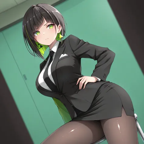 masterpiece, (((( best quality )))),1 girl, Japanese Anime ,,shiny skin, wearing a black suit,skirt suit, black tie , dark hair, short bob hair,The inner color of the hair is green, green eyes,isosceles triangle earrings, black tights,large breasts