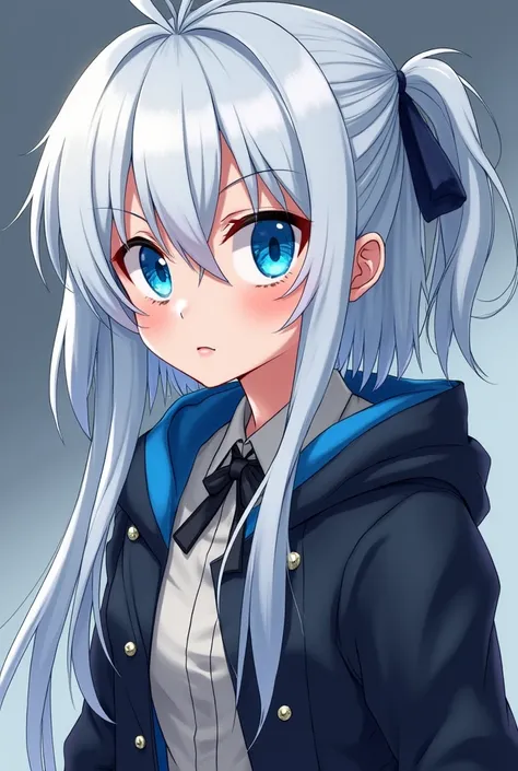    cute woman  ,  White Hair ,  stupid hair，  Up to the ankle 、 blue eyes ,     it's anime or anime style   、   it's like it's part of a visual novel   ,    beautiful appearance but dangerous personality   (  serious face).   without blushing  ,  calm、   c...