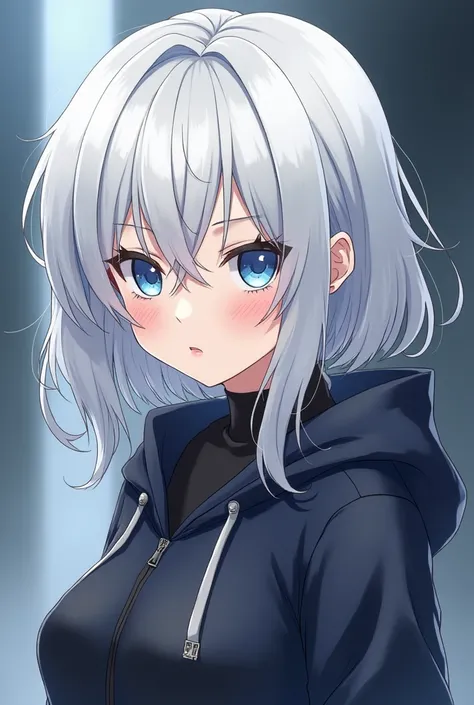    cute woman  ,  White Hair ,  stupid hair，  Up to the ankle 、 blue eyes ,     it's anime or anime style   、   it's like it's part of a visual novel   ,    beautiful appearance but dangerous personality   (  serious face).   without blushing  ,  calm、   c...