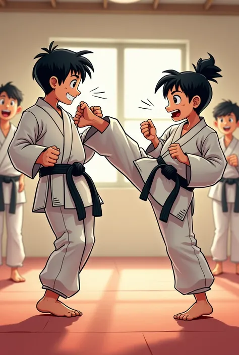 Test of Skill and Friendship
In a spacious section of the dojo, two s engage in a friendly sparring match. One performs a dramatic roundhouse kick while the other blocks with an exaggerated, humorous expression. The bout is playful rather than competitive,...