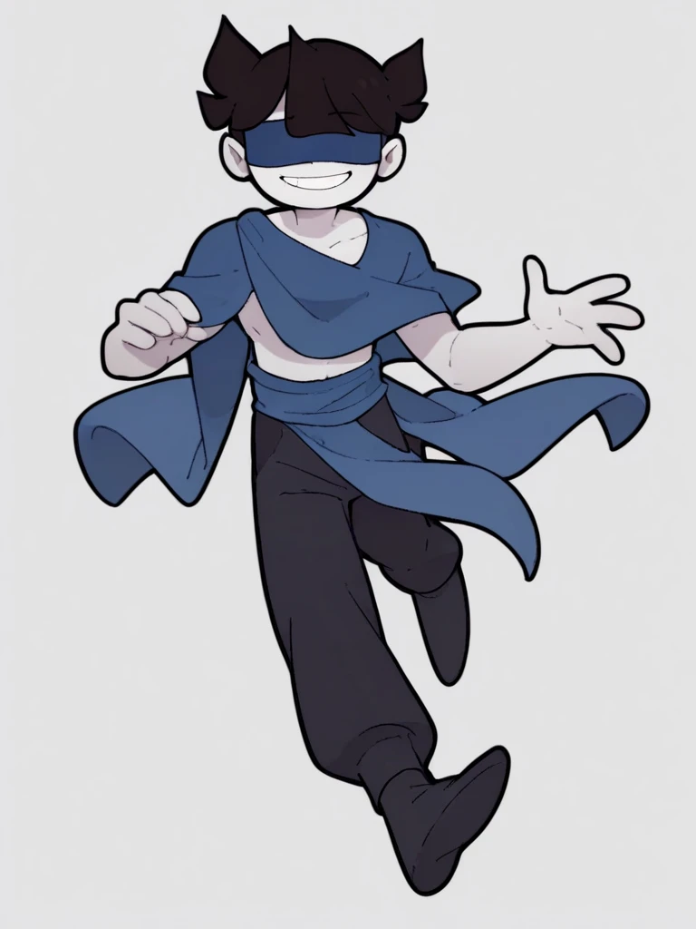 jaiden, 1boy, mage clothes, buzz cut hair, solo, black hair, flat color, blue blindfold, white skin, looking at viewer,smile,  white background, full body, score_9, score_8_up, score_7_up, score_6_up 