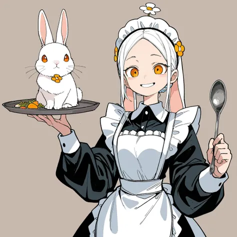 1girl, A skinny female white rabbit, wearing a maid costume, holding a tray with both hands, A Soup and a spoon on the tray, flower ornament on her head, smiling, whole body, (artist:rariatto \(ganguri\):0.4), (artist:demizu posuka:0.6),, very awa, masterp...