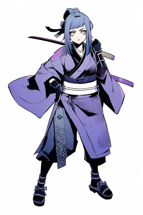  Cyberpunk Ninja Action Novel。One female ninja。((white background illustration ))。(( full body illustration))。(( standing))。Old-fashioned price。 kimono-style ninja costume for easy movement。Two-tone color: dark blue with dark blue and purple。Sharp slanted ...