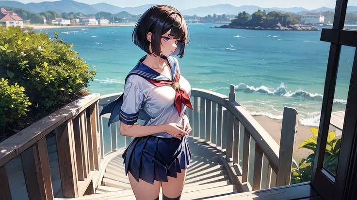 (((perfect anatomy, anatomically correct, super detailed skin))), 1 girl, japanese, high school girl, shiny skin, watching the viewer, 
beautiful hair, beautiful face, beautiful detailed eyes, (short hair:1.1, bob cut:1.2), dark blonde hair:1, blue eyes, b...