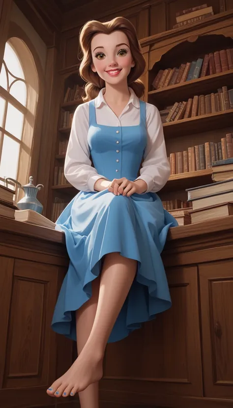 score_9, score_8_up, score_7_up, score_6_up, cinematic film still, 1girl, full frontal view low angle portrait, BREAK (Disney's Belle, brown hair, hazel eyes, fair skin, loose hair), white blouse long sleeves, blue vest, apron, no shoes, Disney 3D render, ...