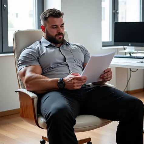 This photograph captures a young man with an exceptionally muscular large physique, showcasing extremely huge exaggerated muscles, especially in his arms, legs and chest and a neatly trimmed beard. He is leaning back with legs spread in a modern office cha...