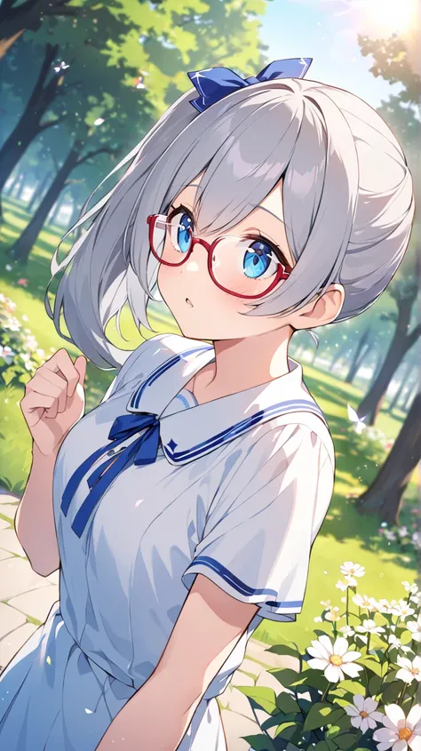 garden、 meet up for a date、flower、Trees、Large pond 、 1 girl,  blue eyes、Grey Hair、Red-rimmed glasses、 side ponytail 、How hair flutters in the wind、Looking up、 Dutch angle、 widescreen、 background blur,  lens flare, 