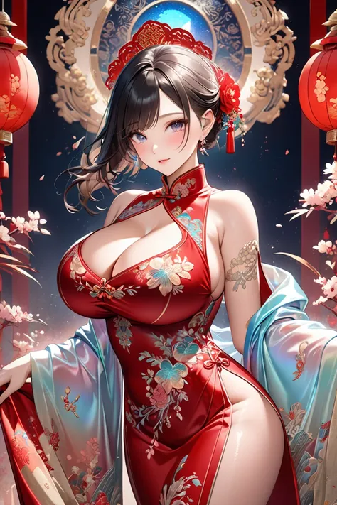 best quality, extremely detailed, 2.5D, delicate and dynamic, beautiful woman, intelligent cool beauty, captivating look, wearing iridescent gradient sleeved red cheongsam features intricate and luxurious embroidery, shiny satin fabric, accessories, superl...