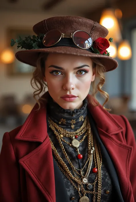 Здесь женщина в шляпе в стиле steampunk держит бокал красного вина ..,  steampunk, usando trajes steampunk,  steampunk inventor girl , (steampunk), ( steampunk ), стиль steampunk, steam punk , steampunk Fiction, steampunk эстетика, uma deusa steampunk boni...