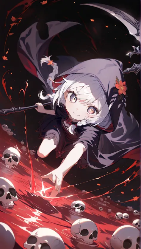 solo,1girl\(grim reaper,cute,kawaii,(chibi),hair color white,braid hair,messy hair,eye color dark,big eyes,white skin,pale skin,big soft kind smile,enjoy,full body,wearing Grim Reaper's black Robe,(black hood),holding scythe,flower hair ornament,(body tran...