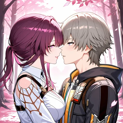 Love couple, Caelus and Kafka Honkai Star Rail, looking at each other, seducing, pink leaves tree, forest in background, masterpiece, best quality, High resolution 