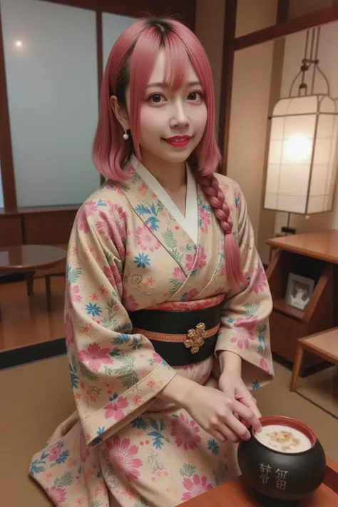 1woman, She is making the Japanese tea. She wears a kimono. She is sitting seiza in a Japanese-style room. (masterpiece, top quality, best quality, extreme detailed, colorful, highest detailed, Dreamy Atmosphere, Bright color, real photo, real skin. Hyper ...