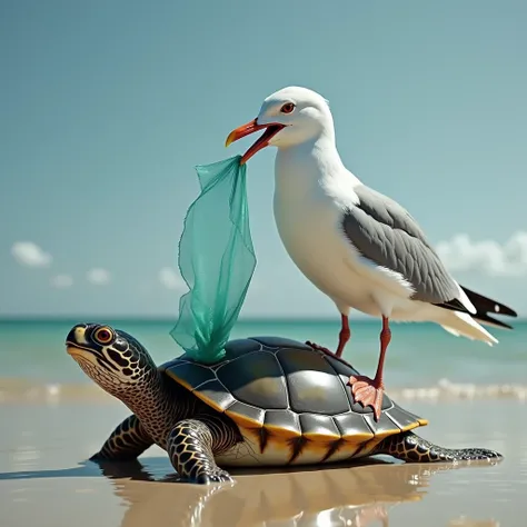 The turtle's arm is wrapped in vinyl,  The seagull removes the vinyl with its beak,It&#39;s realistic, high resolution,  Ultra High Definition,  high quality,  High detail ,  best quality,  anatomically correct , masterpiece, 