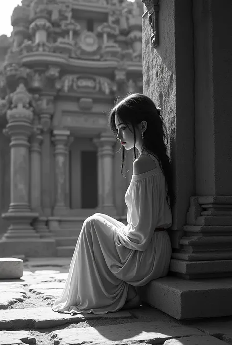 A girl sitting  near a tample  with tears in her eyes in black and white theme