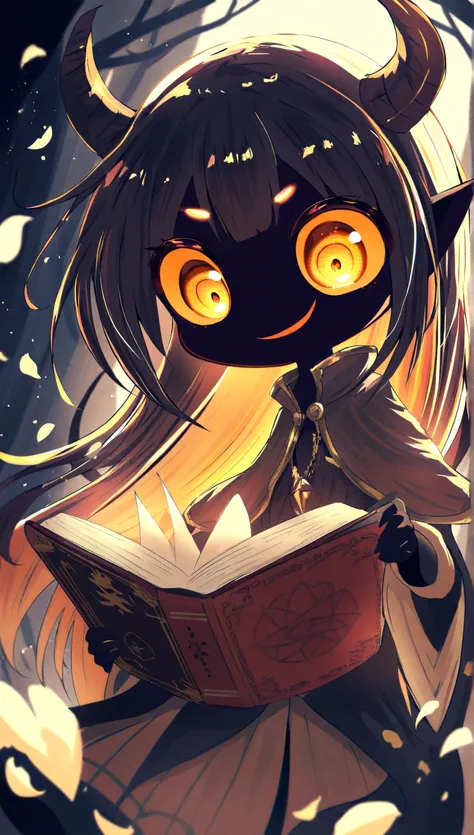 (solo:1.3), 1girl\(hzk,devil,chibi,pure black skin,cute,kawaii,big eyes,evil smile,long nail,orange eyes,orange sclera,detailed pupils, (looking down),wearing capelet\(very big,(very long),Tattered\), (backlit),\). BREAK .background\(refreshing mood,(petal...