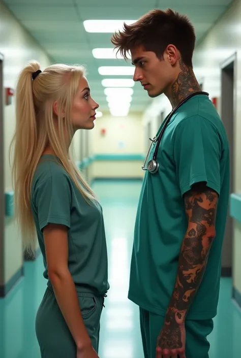 Cover of a book, realistic mode,  a blonde girl with brown eyes and dressed in sportswear ,  looking at a tall boy with tattoos brown hair and dark eyes dressed as a nurse, The background is of a hospital corridor .