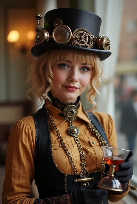 Здесь женщина в шляпе в стиле steampunk держит кружку пива..,  steampunk, usando trajes steampunk,  steampunk inventor girl , (steampunk), ( steampunk ), стиль steampunk, steam punk , steampunk Fiction, steampunk эстетика, uma deusa steampunk bonita, краси...