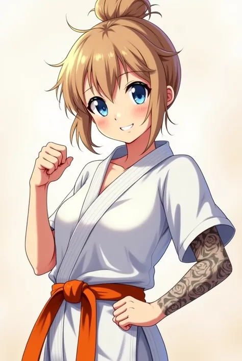 sexy anime-style woman with light brown hair and blonde highlights styled in a messy bun on top of her head, with a few loose strands framing her face. She has large, bright blue eyes full of determination and a small, cheerful smile. She is wearing a trad...