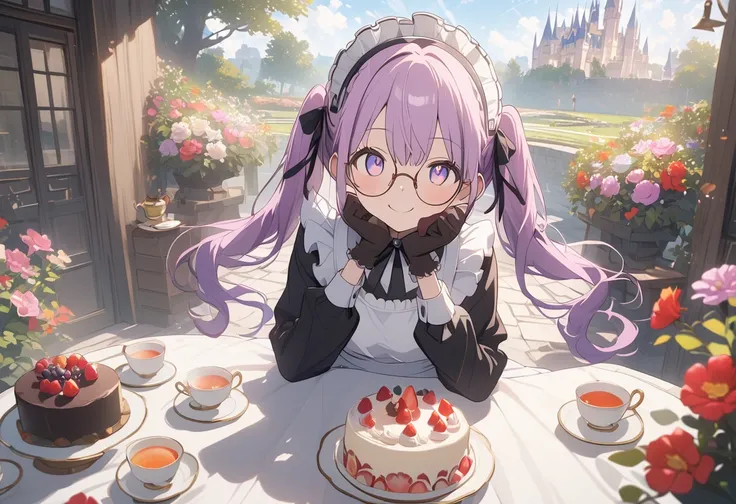 Long purple hair ,  is wearing maid clothes, round glasses, Round eyes 鏡, European garden, flower garden, Enchanted Garden, castle, Front Light ,Cute 2D, Front lighting 、( to show your lower belly、masterpiece、 high resolution、 Details)、animeスタイル、 flat styl...