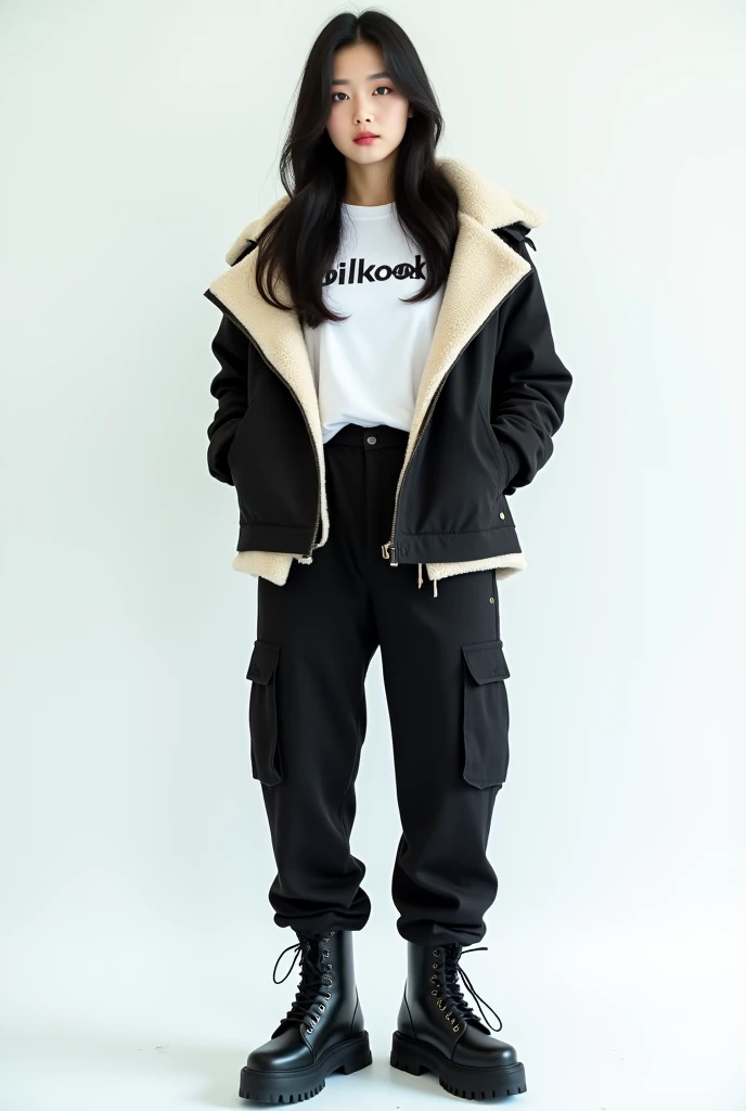  A beautiful korean girl ,  white, photoshoot,  white t-shirt with the inscription  "DILKOOK ", outer jaket sherpa, black cargo pants , long black wolfcut hair,  black booth shoes, stand style kece 