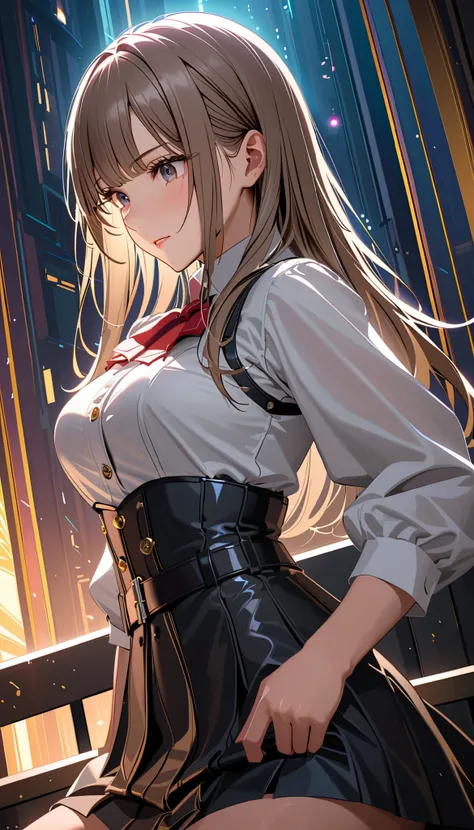 ((( Masterpiece)))、(( top quality))、( very detailed)、(CG illustration)、( so beautiful ))、 cinematic lights with nutella 、((( 1 Mechanical Girl )))、 SF、Apocalypse、Erotic and grotesque、graduate School(Beautiful and luxurious:1.2)、( in the seat:1.3)、 facing ...
