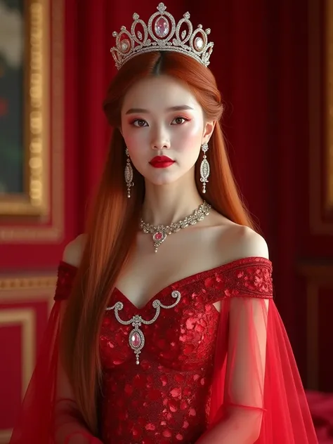  A Beautiful Chinese Redhead Long Straight Neat Goddess. 25 years old Chinese faced .  Wears off shoulder royal dress red color .  red eyeshadow , wings eyeliner , red lipstick .  with quiet appearance ,Indifferent,  resolute with no smile and serious face...