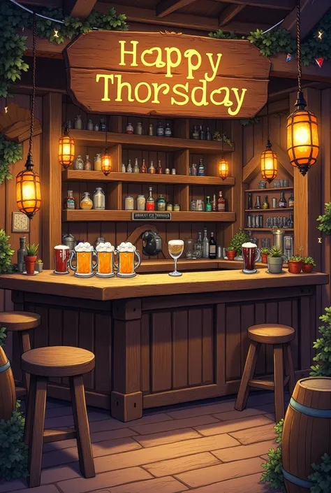 Draw a cozy bar with wooden counters, barrels, and glowing lanterns, with
"Happy Thorsday" carved on a wooden sign above the bar. Add mugs of
ale and Thor’s hammer nearby, along with party decorations like flags,
confetti, and lightning motifs.