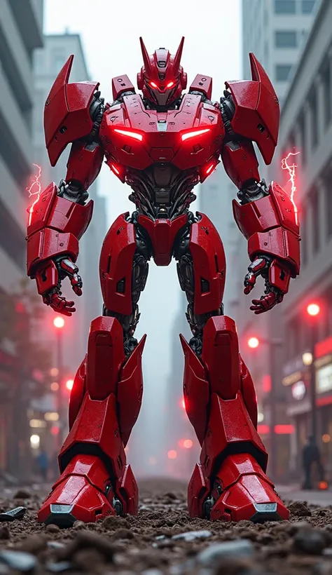 A towering, futuristic robotic Transformer fused with Sonic the Hedgehog, featuring a metallic red body with glowing red lightning effects surrounding it. Its muscular, high-tech design combines intricate mechanical details with Sonic's iconic speed and en...