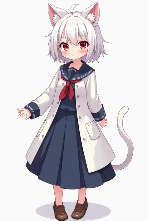 Create an image for a girl with feline form ,cute cat ears ,white tail and white short messy hair and wide bloody red eyes ,a small noise ,a genlte smile ,wearing clothes colored with white and dark blue looks like a formal clothes like a royal guard or a ...