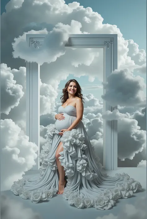 pregnant woman in a white dress standing in a doorway in the clouds, a matte painting inspired by Samuel Silva, cg society contest winner, surrealism, cloud goddess, in clouds, light blue dress portrait, full body in frame, in the clouds, girl clouds, she ...