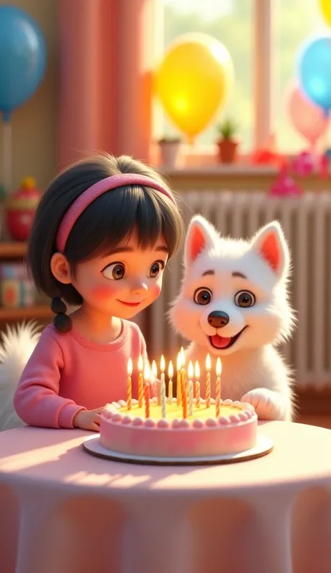 "The girl, now about , celebrates her birthday with her white dog. The dog is sitting by her side, and she is blowing out the candles on her birthday cake. The dog has its usual small button nose and straight, fluffy tail. The girl is wearing a birthday ou...