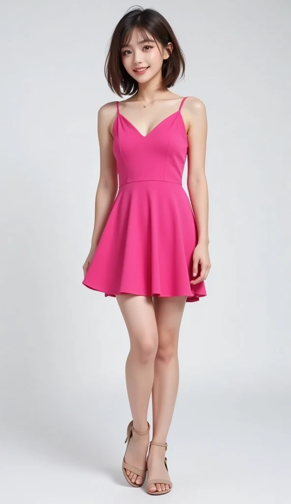  girl, bright pink sleeveless dress,  party dress、  pantyhose, focus on thighs, full body, Small breasts, slender body, whole body,・studio lighting, professional lighting, white background