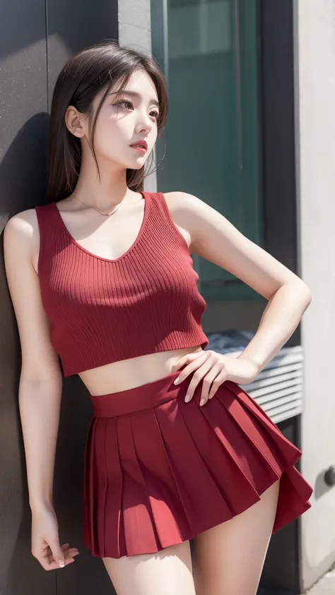 red pleated skirt,  woman, A loose-cut top that reveals the chest, A man who wants sex,  put their hands inside their panties