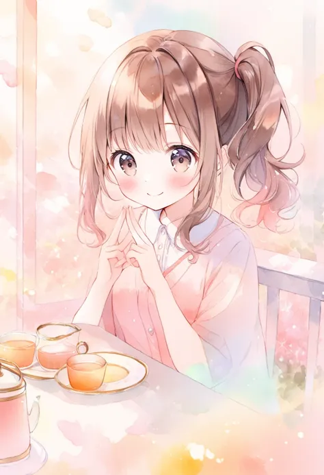 (ultra detailed:0.7), cover image, (soft pastel tones, watercolor, (bright color:1.3), transparent, gradation, harmonious and calm atmosphere:1.1), (perfect fingers, perfect hands),
1girl, , Elementary school girl, brown hair, big eyes, black eyes, ((red r...