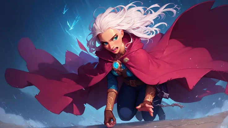 The compass in the hands of the character , white hair, cloak, a storm, blizzard ,  suddenly calms down and points in the same direction,  as if calling the hero to the goal .