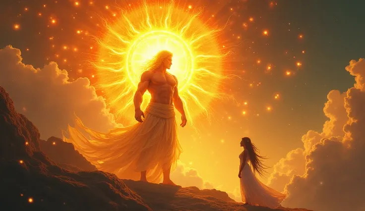  In a burst of divine energy, the tiny bird expands and transforms into the mighty sun god, Kinich Ahau. His form emerges, glowing like the rising sun, with brilliant golden rays emanating from his body. His strong, regal figure stands tall, his eyes shini...